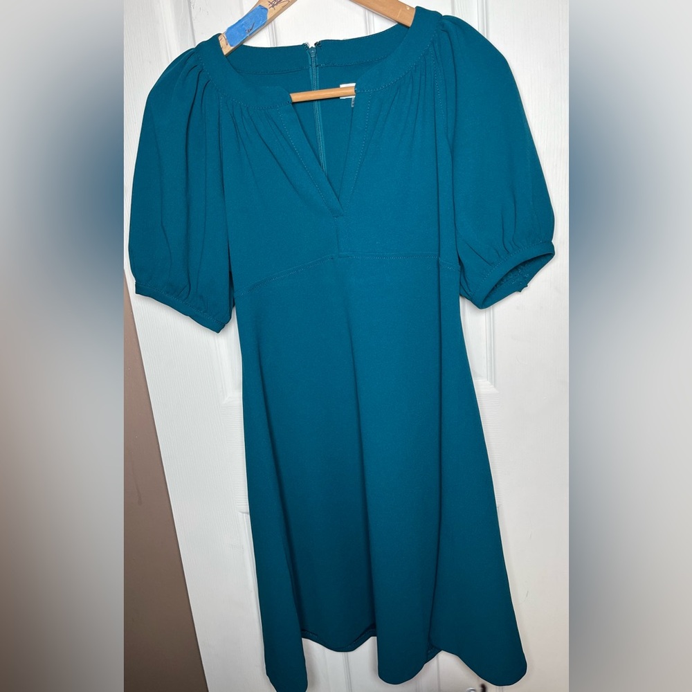 Calvin Klein Women's 6P Teal Blue Split Neck A-Line Mini Dress - Picture 3 of 16